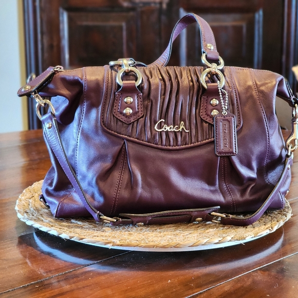 Coach Ashley Gathered Satchel All Leather Purse Bag Aubergine Purple - Picture 4 of 9